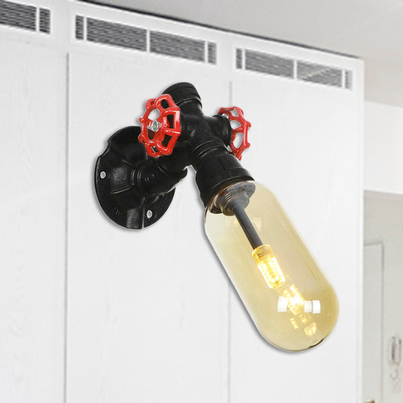 Frendorf | 1 Glühbirne Kapsel Wandleuchte Schwarz Industrielles Metall und Bernstein Glas Wandmontierte Lampe für Innen mit Rohr
