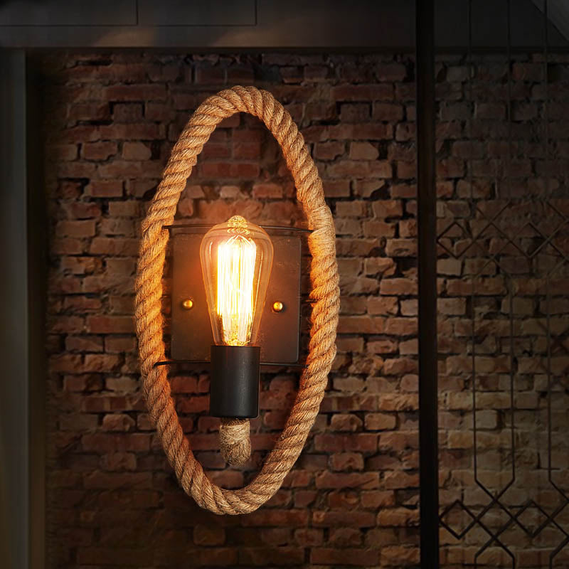 Frendorf | 1-Kop Seil Wandlamp Loftstijl Zwarte Afwerking Ronde/Ovale Gang Metaal Wandmontage Verlichting met Blootgestelde Gloeilamp