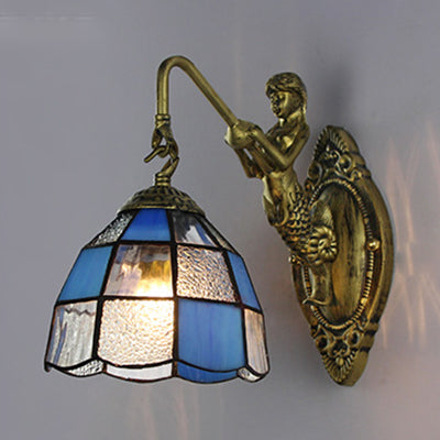 Frendorf | Barokke Ruitpatroon Wandlamp 1 Hoofd Wit/Blauw Glas Muur Gemonteerd Verlichtingsarmatuur voor Hal