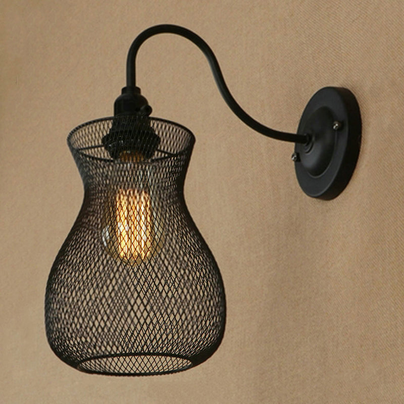 Frendorf | 1 Glühbirnen Vase Form Wand Sconce mit Mesh-Schirm Industriestil Schwarz Metall Wandleuchte für Flur