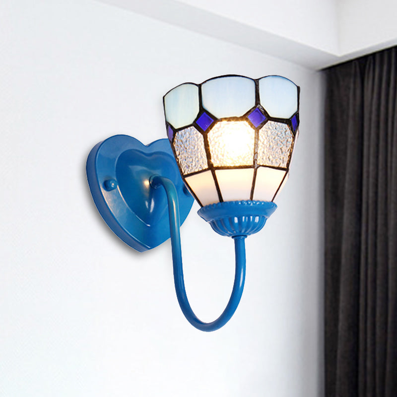 Frendorf | 1 Kopf Badezimmer Wandleuchte Tiffany Blau/Weiß/Antik Messing Wandmontierte Leuchte mit Kuppel-Dimple-Glas-Schirm