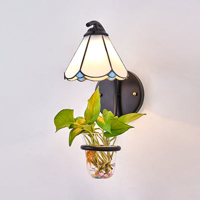 Frendorf | 1 Köpfe Wandmontierte Lampe Tiffany Blume Blau/Weiß Glas Wandleuchte mit Pflanzen Dekoration