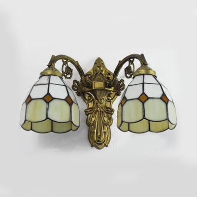 Frendorf | 2 Hoofden Beige/Blauwe Kom Wandverlichting Vintage Retro Stijl Gekleurd Glas Sconcelamp in Verouderd Messing