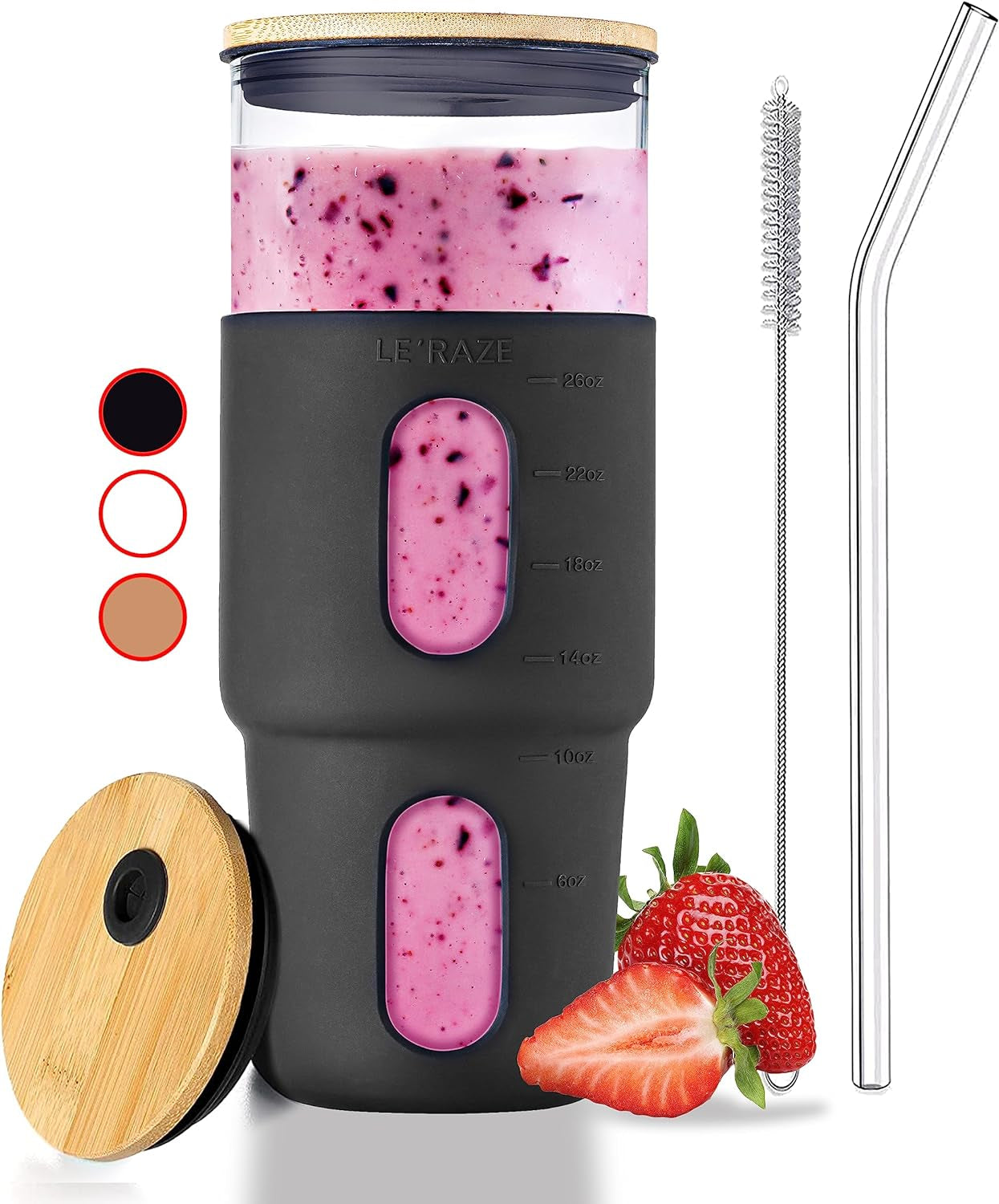 Frendorf | 32Oz Trinkglas Tumbler mit Bambusdeckel und Strohhalm - Silikonhülle - Passt in den Getränkehalter im Auto - Wiederverwendbarer Boba-Smoothie-Becher, auslaufsichere Reisewasserflasche, Iced Coffee Tumbler, BPA-frei - Amber.