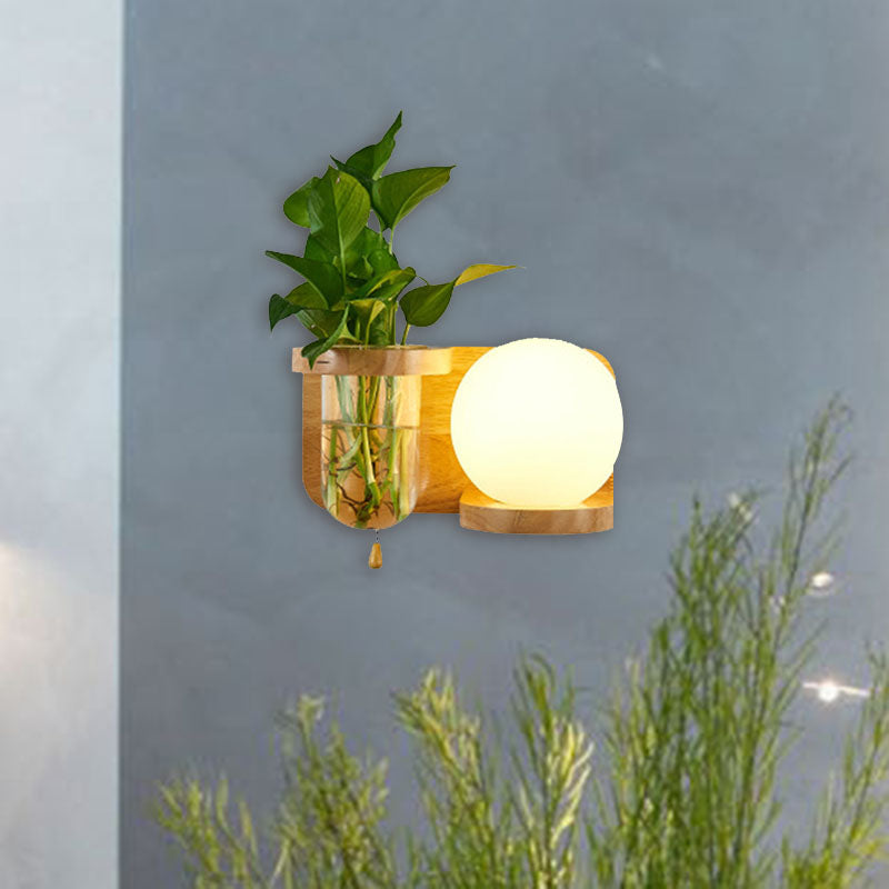 Frendorf | Ball Weiße Glas Wandlampe Industrie 1 Glühlampe Schlafzimmer LED Wandlampe Vorrichtung in Holz, Links/Rechts