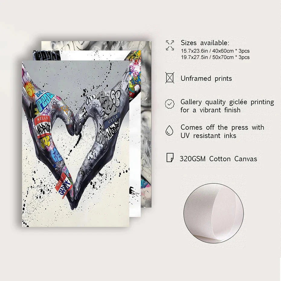 3PCS Moderne Liebe Hand in Hand Küss den Kuss Poster Graffiti Banksy Straßen Wandkunst Leinwandmalerei Drucke Bilder Raumdekoration