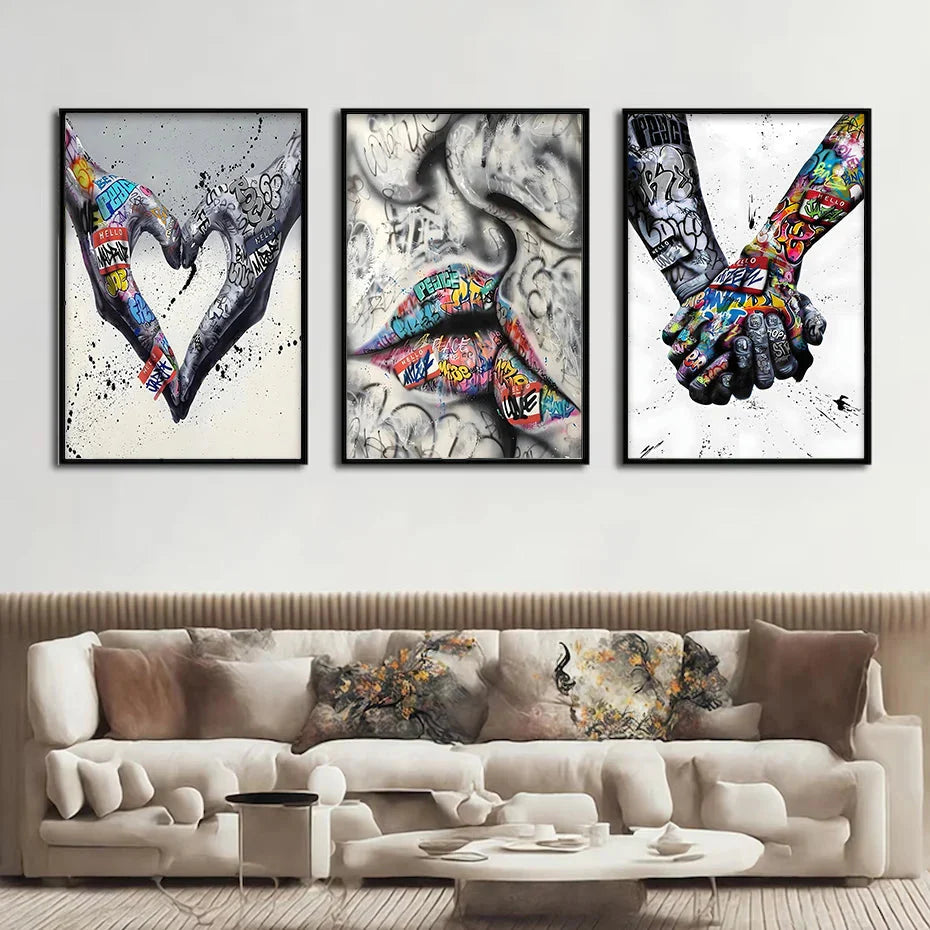 3PCS Moderne Liebe Hand in Hand Küss den Kuss Poster Graffiti Banksy Straßen Wandkunst Leinwandmalerei Drucke Bilder Raumdekoration