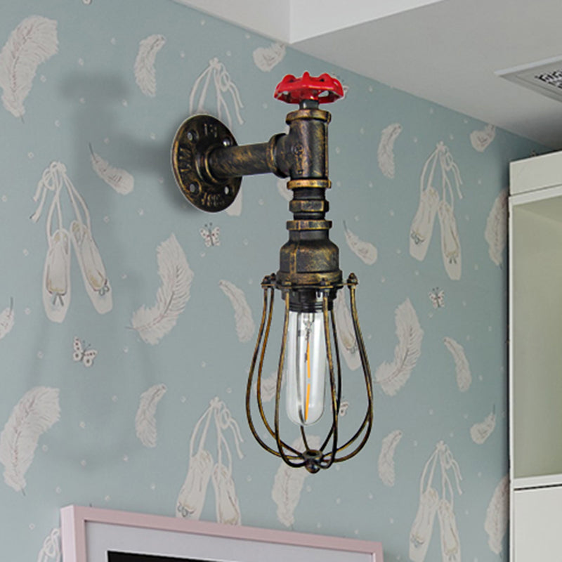 Frendorf | 1 Kopf Glühlampe geformte Wandlampe mit Drahtschutz und rohem Ventil Industrie Antik Messing Eisen Wandmontage Licht