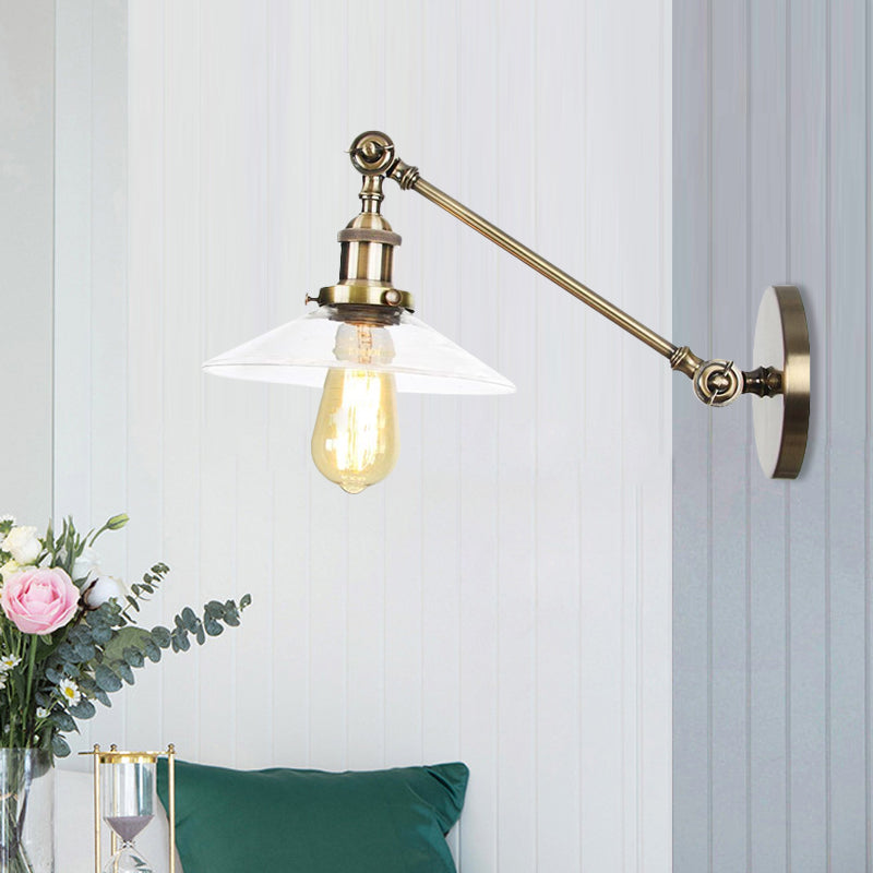 Frendorf | 1 Licht Binnen Wandlamp Vintage Zwart/Brass/Bronze Verlichtingsarmatuur met Kegel Transparante Glazen Shade, 8"/12" L Arm