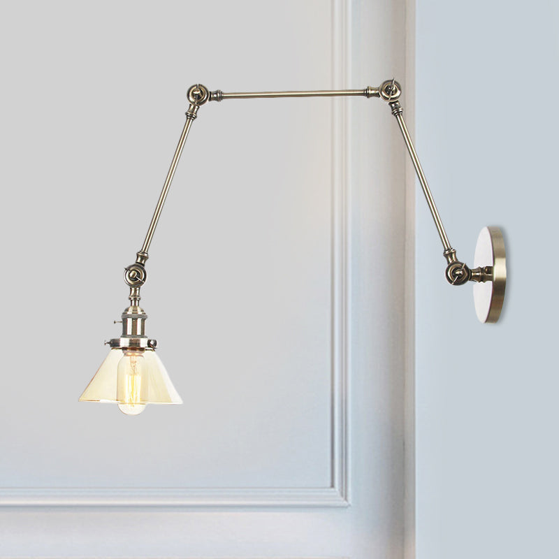 Frendorf | 1 Licht Wandlamp Industriële Conische Duidelijk/Amber Glazen Wandlamp in Zwart/Bronze/Messing met Verstelbare Arm, 8“+8"/8"+8"+8" Lang