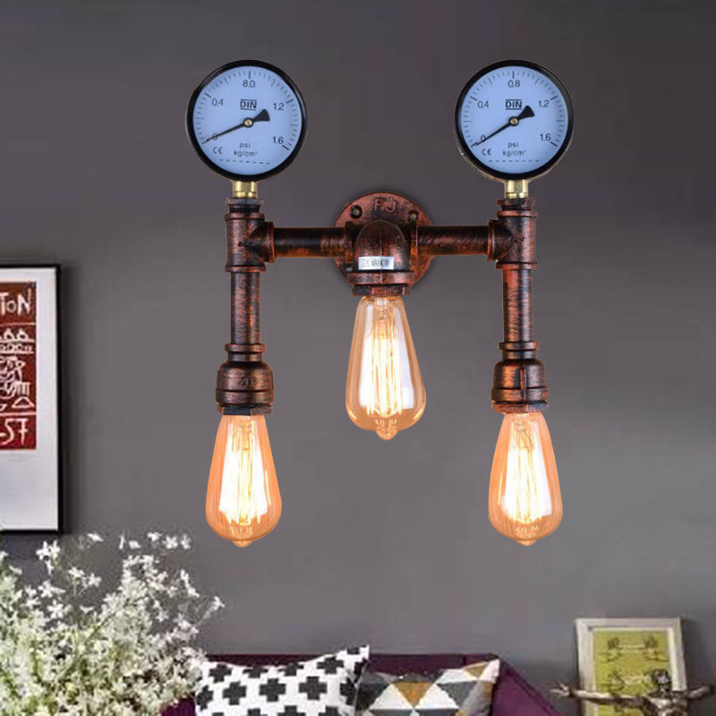 Frendorf | 3 Lichten Metallic Wandlamp Industrieel Koper Blootgestelde Gloeilamp Balkon Wandlamp met Dubbele Gauge Deco