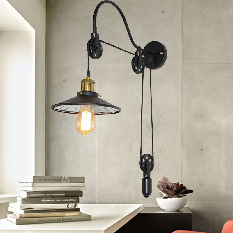 Frendorf | 1 Licht Flared Pulley Wandlamp Industrie Zwart Metallic Sconces Lamp met Gooseneck Arm