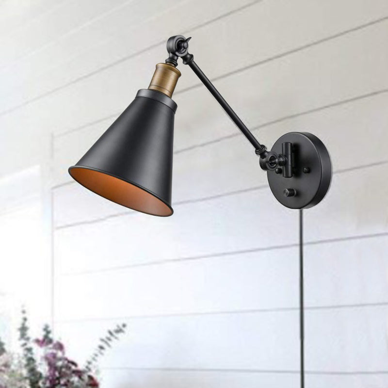 Frendorf | 1 Glühbirne Eisen Wandmontage Licht Vintage Schwarz Swing Arm Wohnzimmer Wandleuchte Lampe mit Kegel Schirm