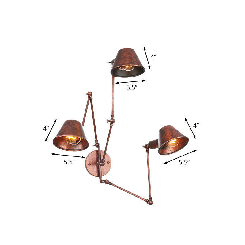 Frendorf | 2/3 Lampen Swing Arm Wandlicht Sconce Industrie Rost Finish Metall Wandmontierte Lampe mit Kegel Schirm