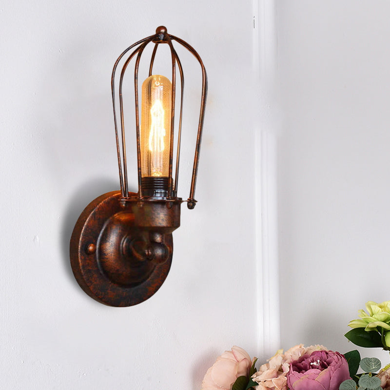 Frendorf | 1 Kopf Mini Wand Leuchte mit Käfigschirm Vintage Stil Dunkelrost/Messing Metall Wandlampe für Wohnzimmer
