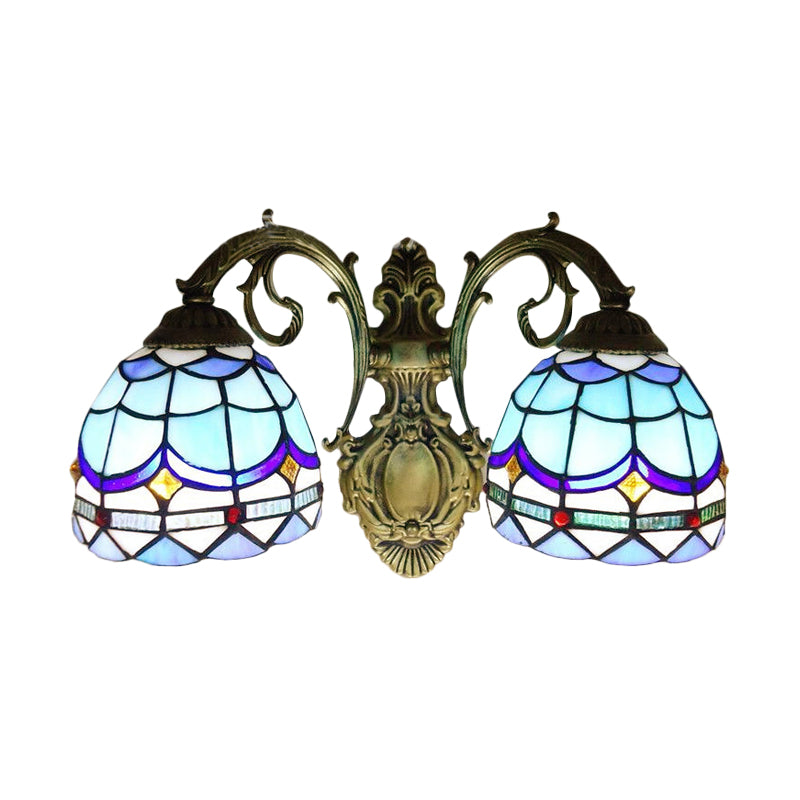 Frendorf | Barokke Dome Wandlamp met Gebogen Arm Gekleurd Glas 2 Licht Wandlamp 11"/8.5" Hoogte in Blauw voor Slaapkamer