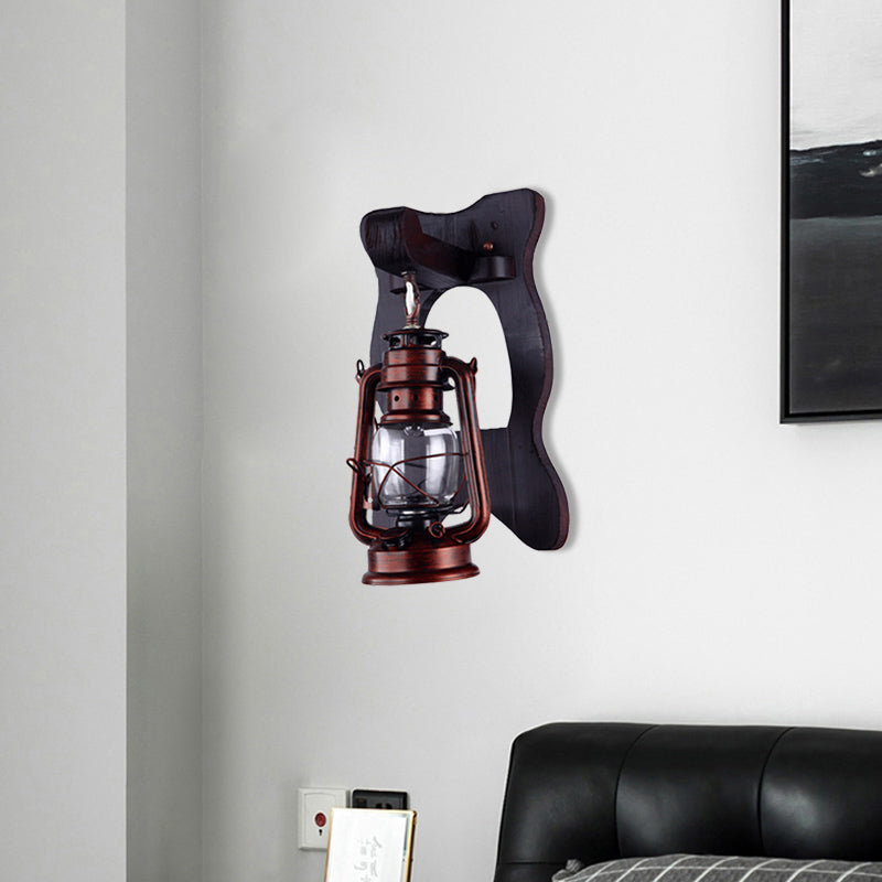 Frendorf | 1 Licht Wandlamp Industriële Lantaarn Helder Glas Wandverlichting Ideeën in Koper met Houten Achterplaat