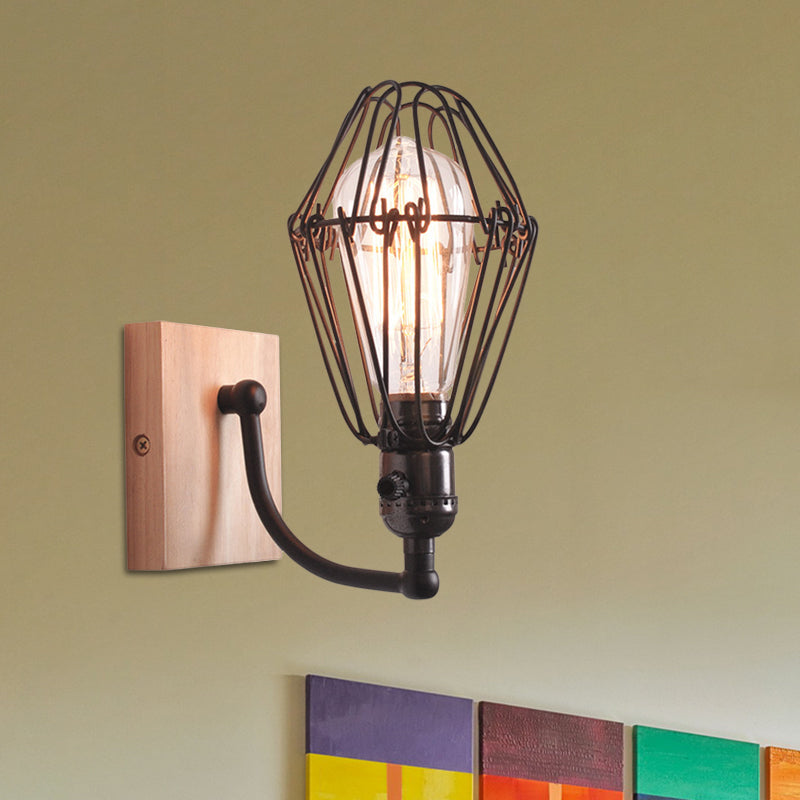 Frendorf | 1 Glühbirne Wandbeleuchtung Antik Stil Käfig Schmiedeeisen Wandlampe mit Holz-Rückwand in Schwarz