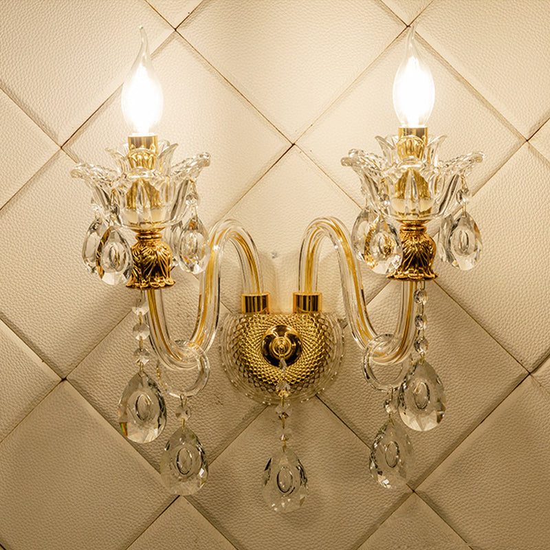 Frendorf | 1/2-Glühbirne Klarglasbeschichtete Wandleuchte Vintage Gold Kerzenstil Lounge Wandleuchte mit gewelltem Arm