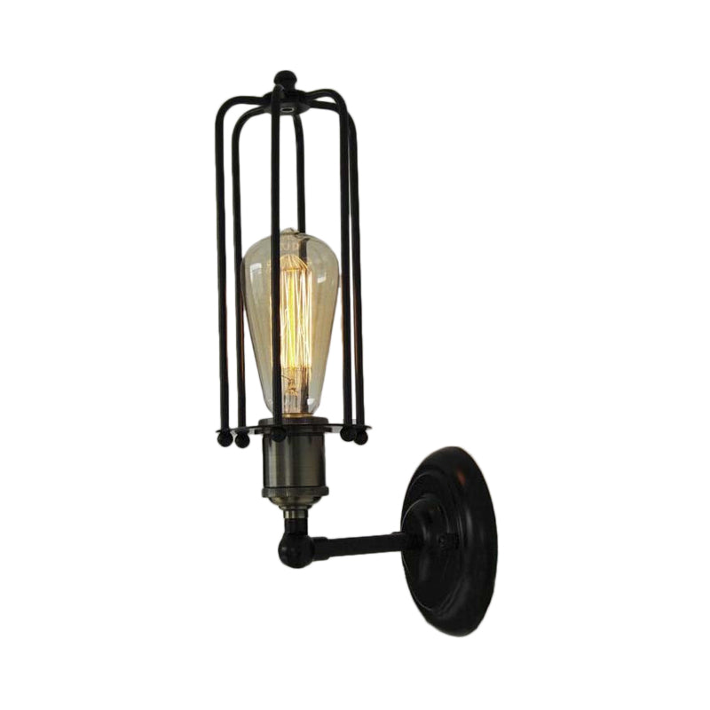 Frendorf | 1 Kopfbodenlampe Vintage Industrie Tubus Käfig Schattierung Metall Mini Wandlicht Fixture in Schwarz für Korridor