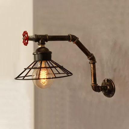 Frendorf | 1 Leuchtmittel Draht Konische Wandbeleuchtung mit Rohrdesign Vintage Industrieller Bronze-Finish Metall Wandleuchte Lampe