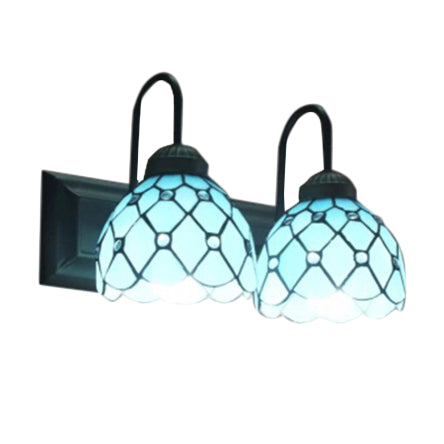 Frendorf | 2 Köpfe Dome Wandmontierte Licht Tiffany Blau Glas Wandlampe in Schwarz