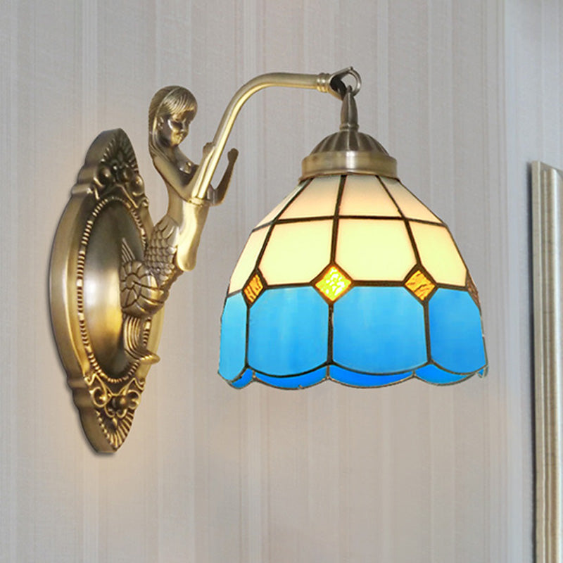 Frendorf | 1 Bulb Woonkamer Wand Gemonteerde Licht Barok Brons Zeemeermin Wandlamp met Raster Koepel Donker/Richtersky Blauw en Witte Glazen Schaduw
