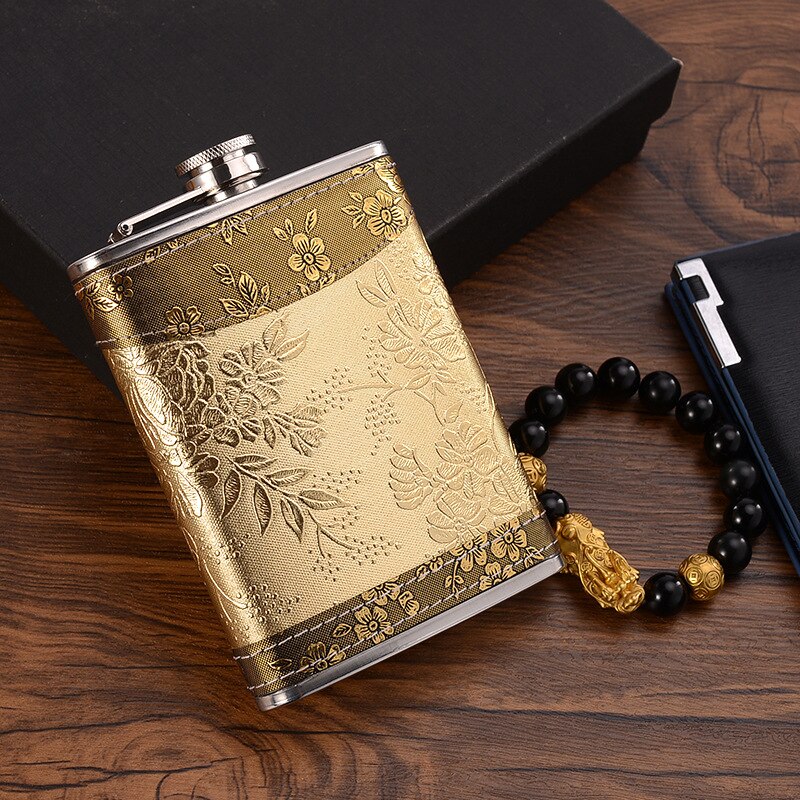 8oz Whisky-Flasche aus Edelstahl Alkohol-Trichter Hüftflasche Bestickte Goldene Seidenstoff Verpackung Geschenk-Box Set