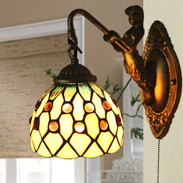 Frendorf | 1 Kopf Wandlicht Vorrichtung Tiffany Kuppel Beige Glas Sconce Beleuchtung mit Zugkettenschalter