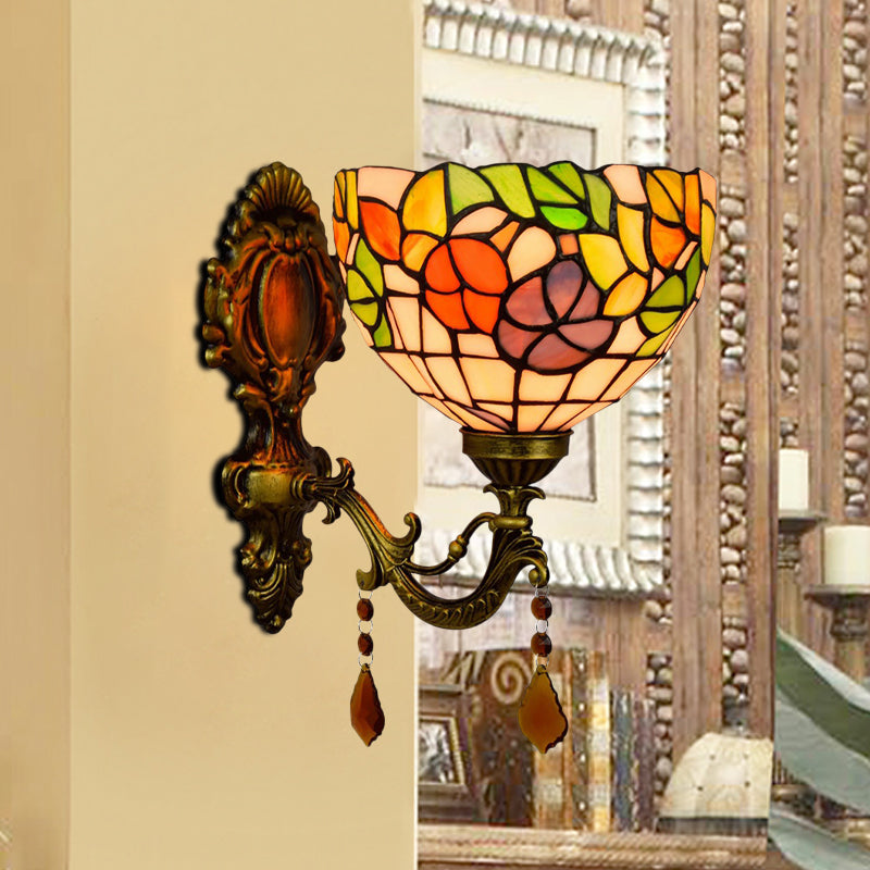 Frendorf | Bladpatroon Kom Gebrandschilderd Glas Wandlamp Tiffany 1 Hoofd Oranje/Paarse/Rode Wandbevestiging