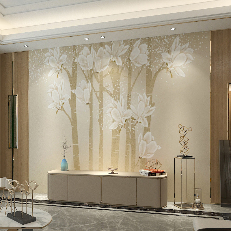 Frendorf | Benutzerdefinierte Illustration Minimalistische Wandtapete für das Wohnzimmer mit eleganter Magnolie in Beige und Gelb