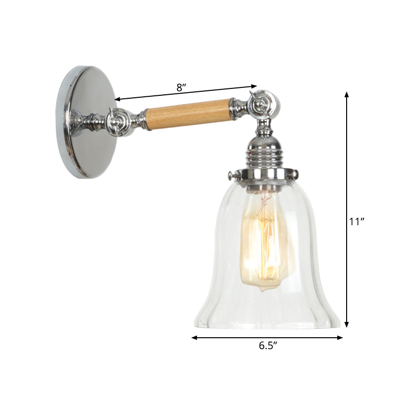 Frendorf | 1 Licht Klar Texturiertes Glas Wand Scone Licht Vintage Chrom Glocke Wohnzimmer Beleuchtung Fixture, 8"/4"/6" Breit Holzarm