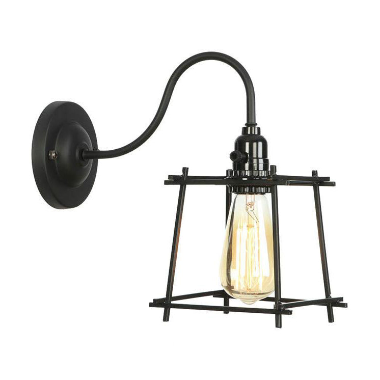 Frendorf | 1 Kopf Eisen Wandlampe Retro-Stil Mystisch Schwarz Kubische Käfig Schirm Schlafzimmer Wandleuchte mit Kurvenarm