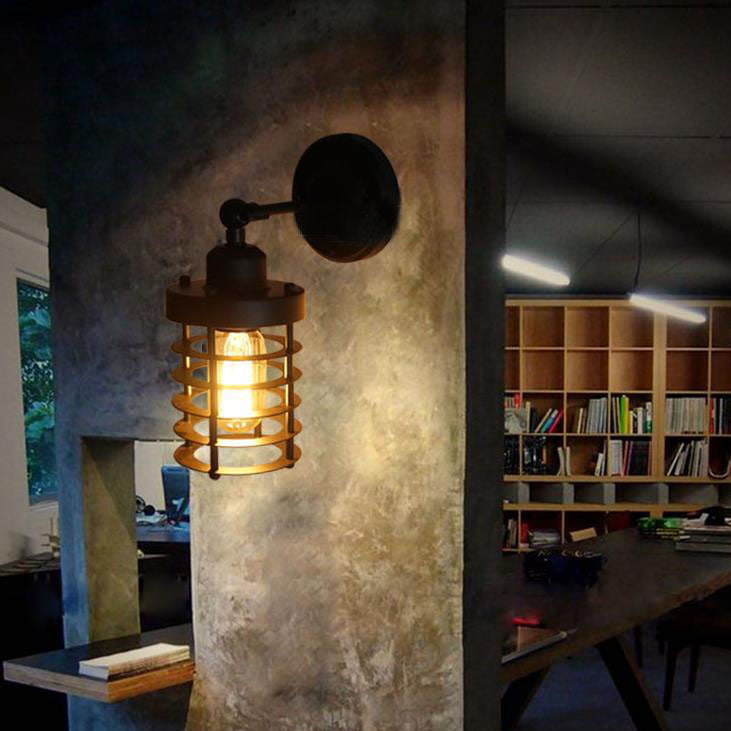 Frendorf | 1 Kopf Wandbeleuchtung mit Drahtkäfig Metall Vintage Stil Treppen Wandleuchte Licht Einrichtung in Schwarz