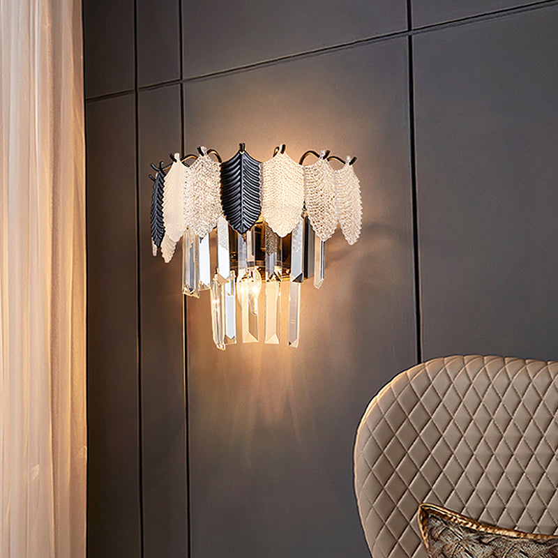 Frendorf | 2-Layer Crystal Rechteck Wandleuchte Modernist 3 Köpfe Schwarz und Weiß Wandlampe mit Blatt Acryl Deco