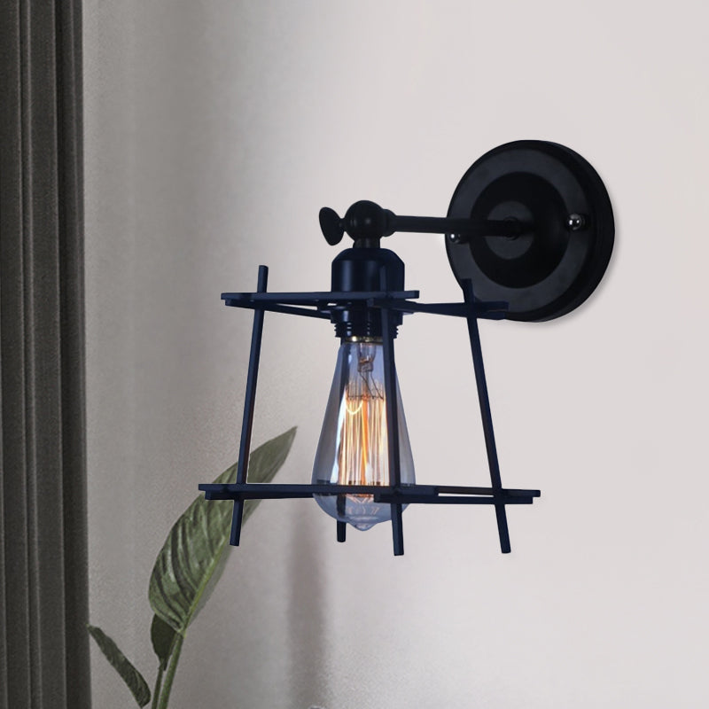 Frendorf | 1 Kopf Wandlicht Retro Stil Kubische Shade Metall Wand Sconce Lampe mit Drahtschutz in Schwarz für Schlafzimmer