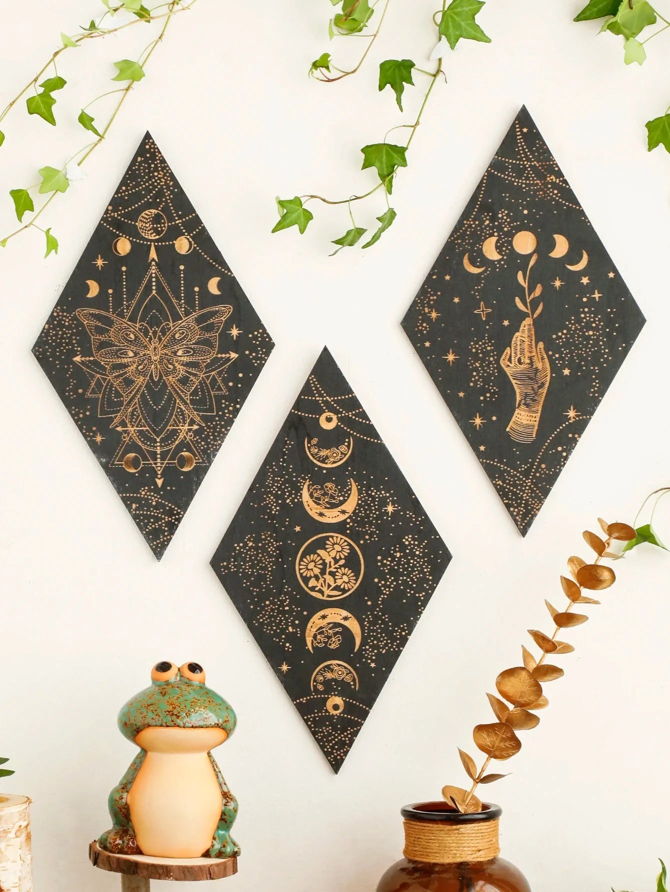 Schwarze Mondphasen Holz Wanddekoration Rhombus Wandkunst Boho Wohnkultur Hexe Wandbehang Dekoration Raumdekor Ästhetisches Geschenk