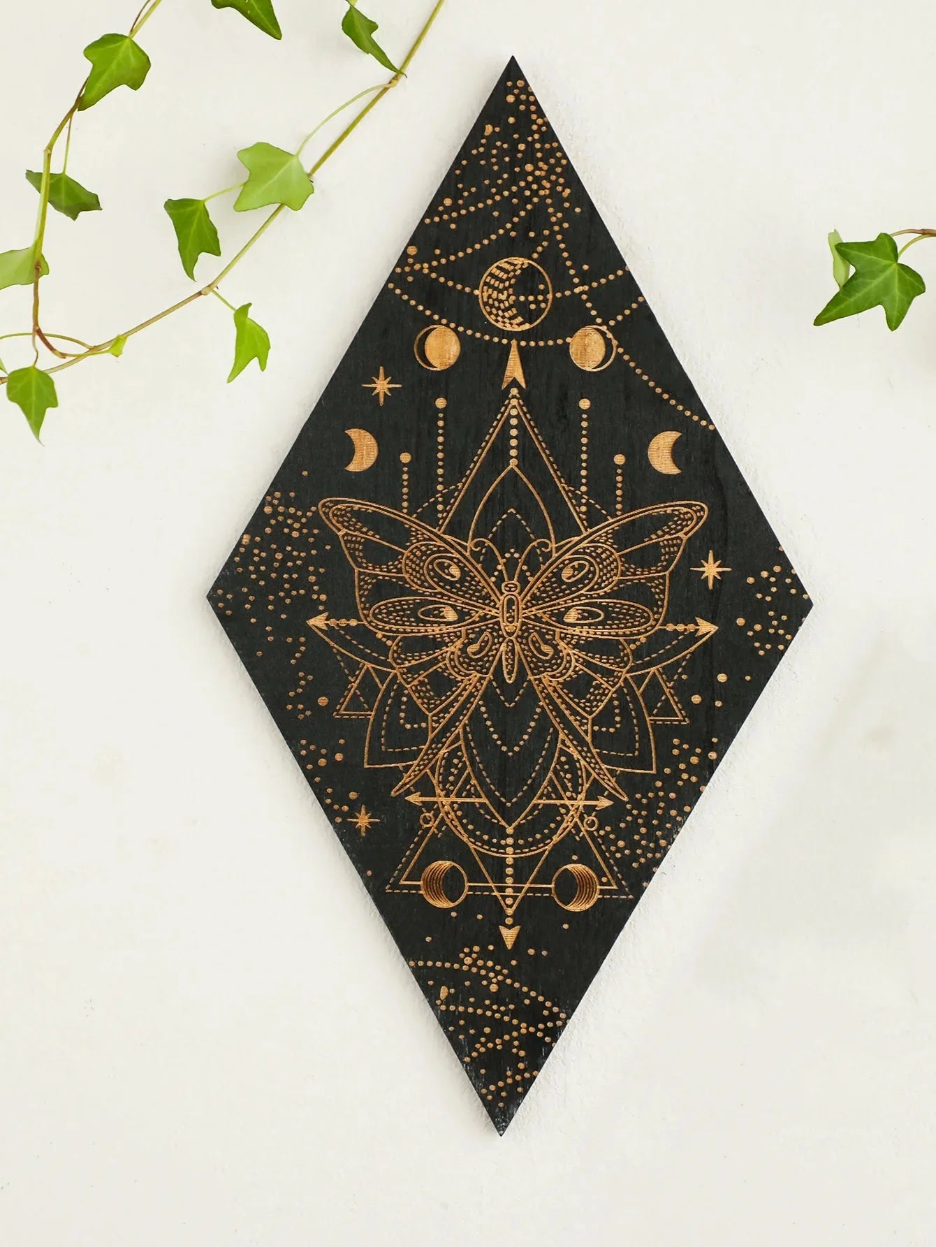 Schwarze Mondphasen Holz Wanddekoration Rhombus Wandkunst Boho Wohnkultur Hexe Wandbehang Dekoration Raumdekor Ästhetisches Geschenk