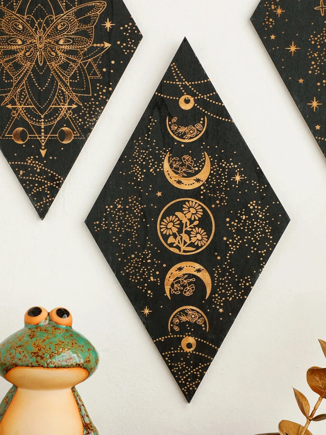 Schwarze Mondphasen Holz Wanddekoration Rhombus Wandkunst Boho Wohnkultur Hexe Wandbehang Dekoration Raumdekor Ästhetisches Geschenk