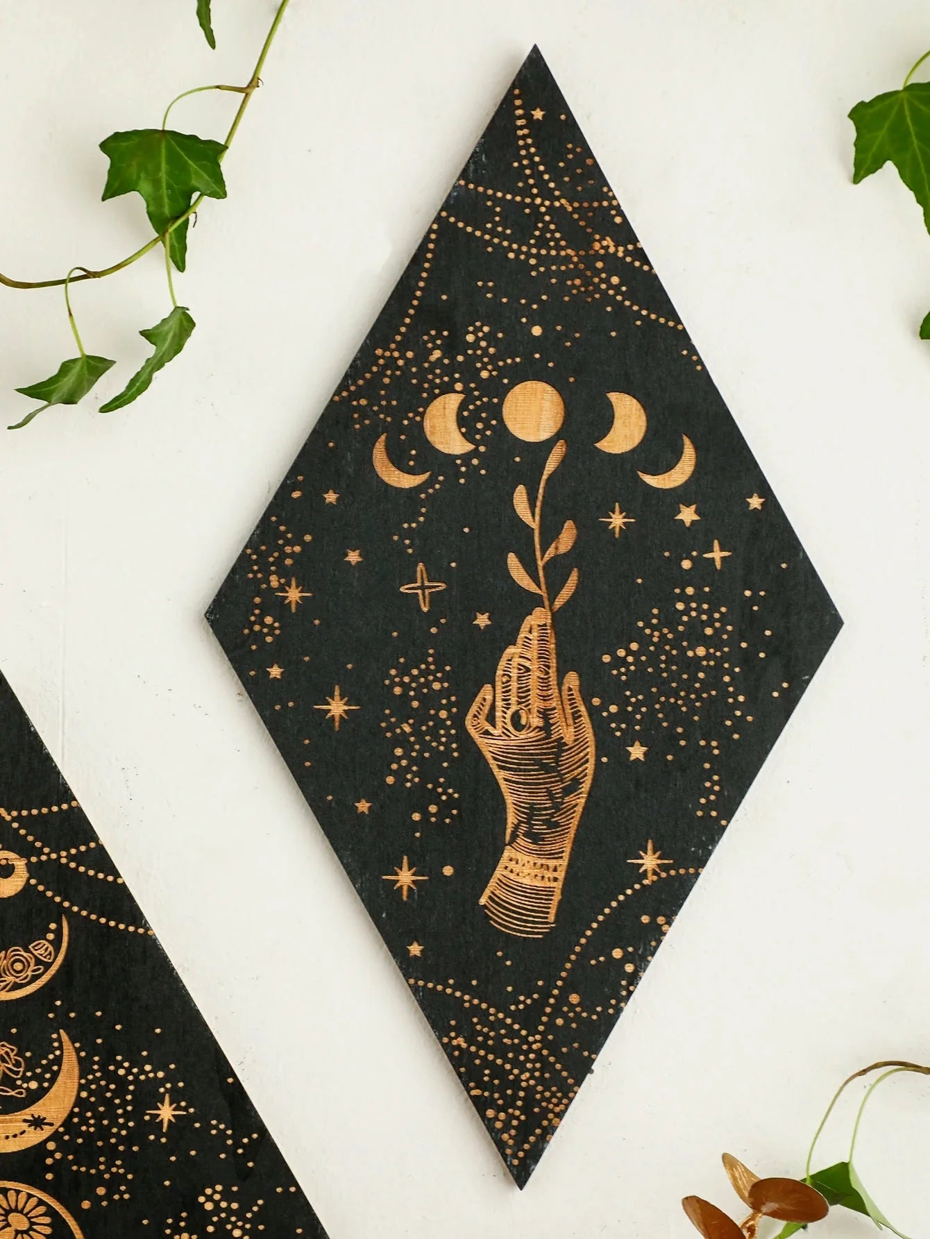 Schwarze Mondphasen Holz Wanddekoration Rhombus Wandkunst Boho Wohnkultur Hexe Wandbehang Dekoration Raumdekor Ästhetisches Geschenk