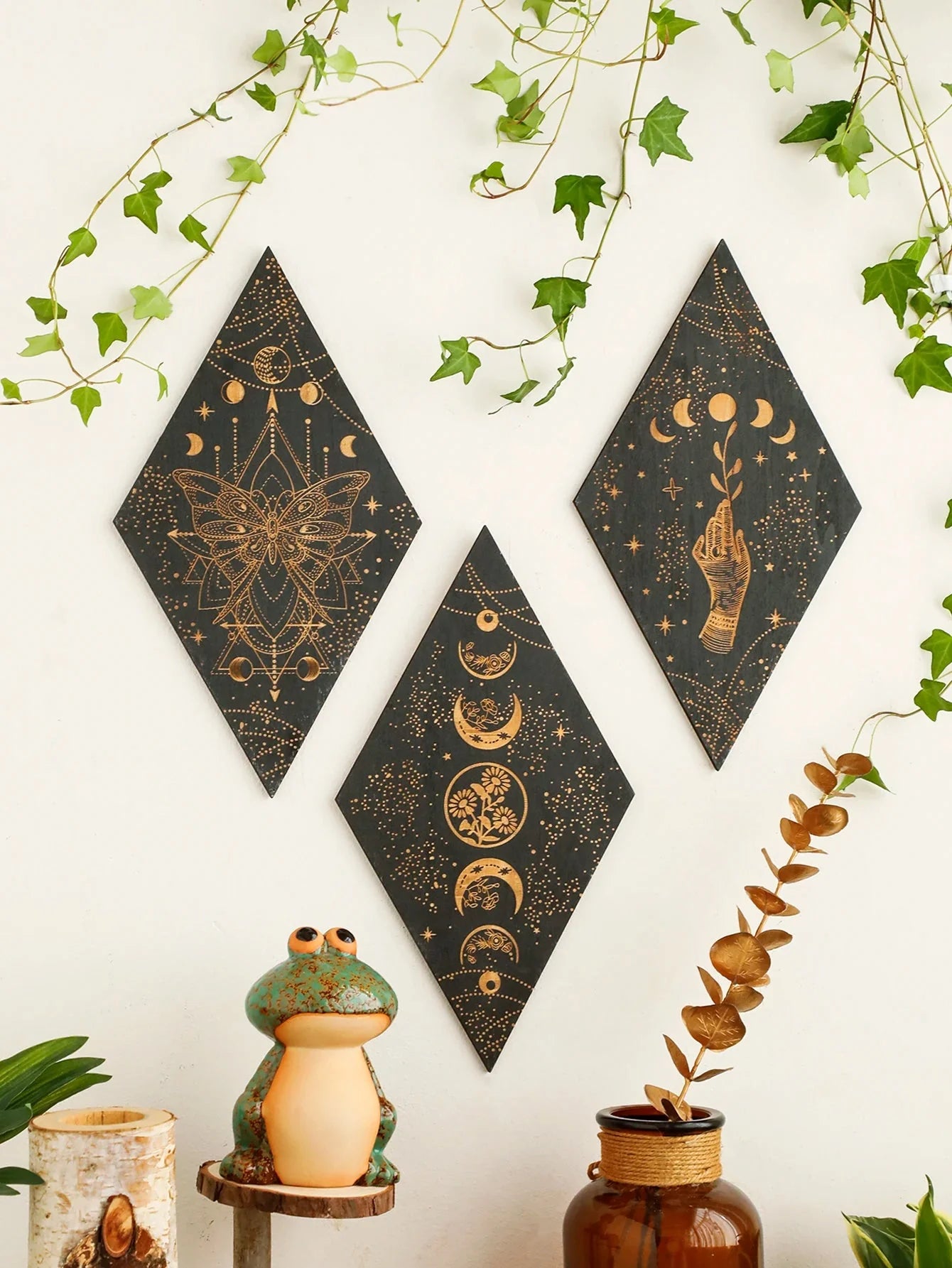 Schwarze Mondphasen Holz Wanddekoration Rhombus Wandkunst Boho Wohnkultur Hexe Wandbehang Dekoration Raumdekor Ästhetisches Geschenk