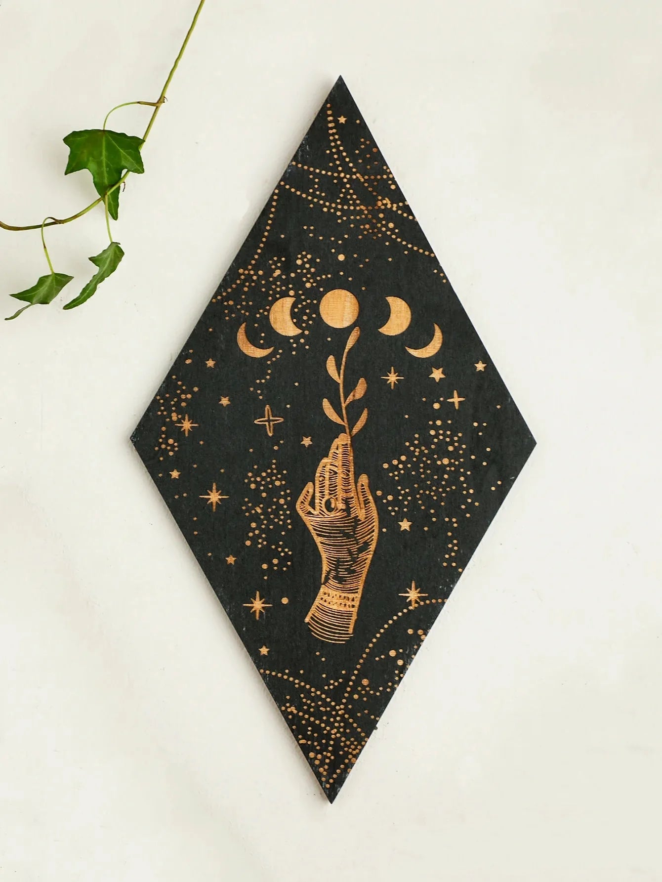 Schwarze Mondphasen Holz Wanddekoration Rhombus Wandkunst Boho Wohnkultur Hexe Wandbehang Dekoration Raumdekor Ästhetisches Geschenk
