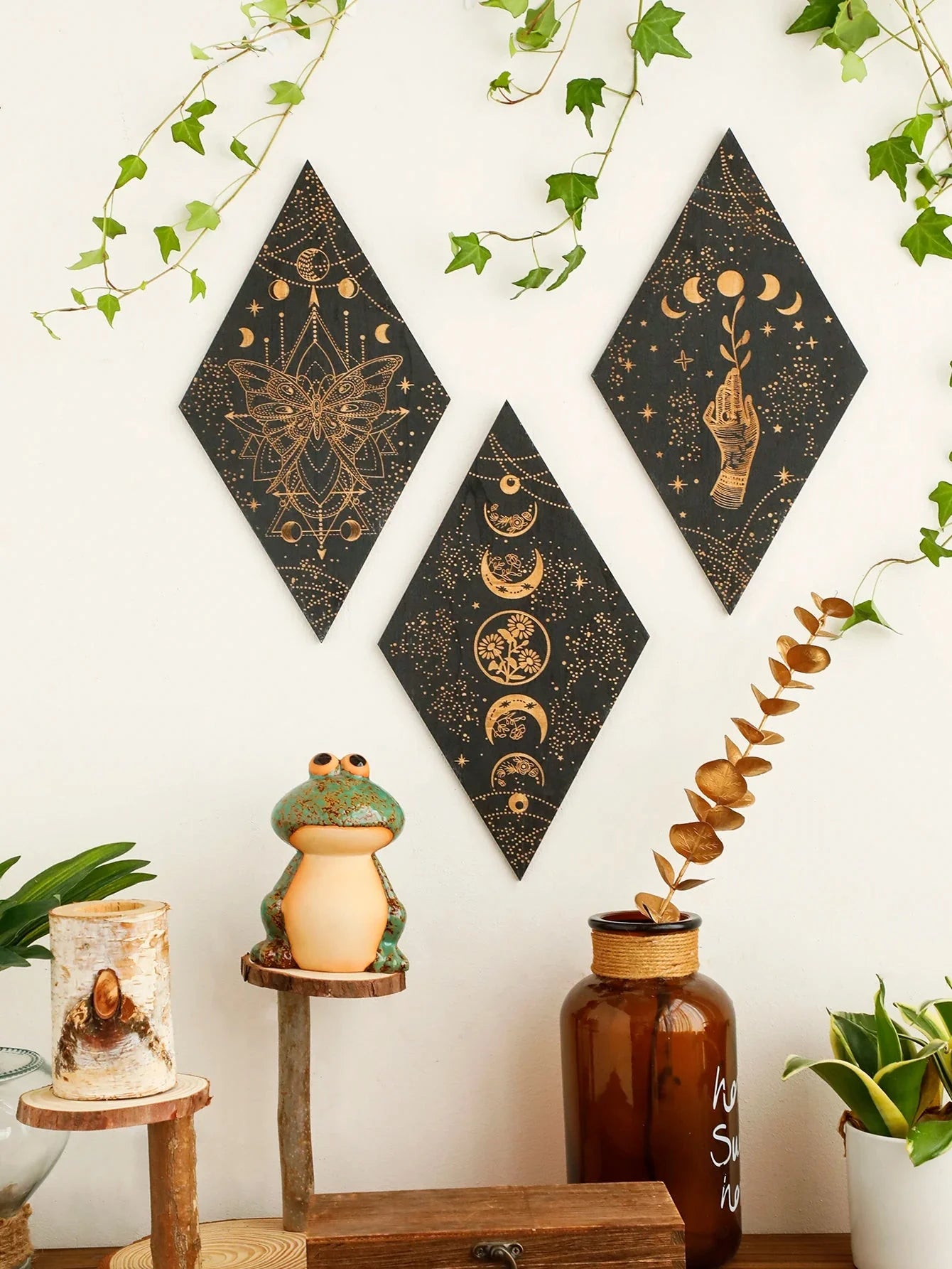 Schwarze Mondphasen Holz Wanddekoration Rhombus Wandkunst Boho Wohnkultur Hexe Wandbehang Dekoration Raumdekor Ästhetisches Geschenk