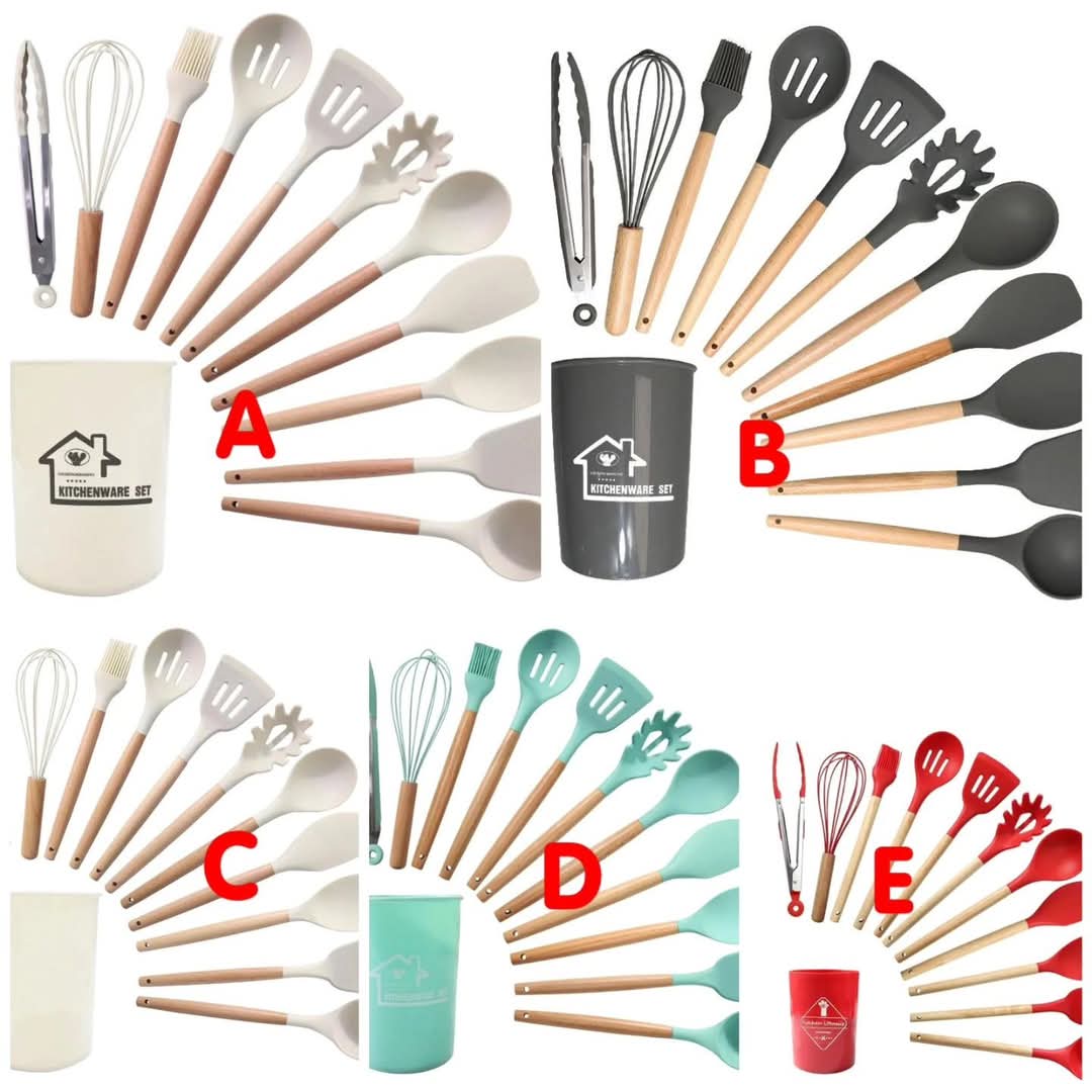 Frendorf | 12 Stück Silikonset Küchenutensilien mit einem Holzgriff