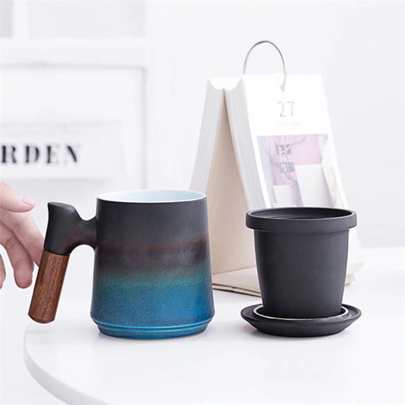 Japanische Keramische Teetasse Set mit Sieb und Deckel Handgemacht