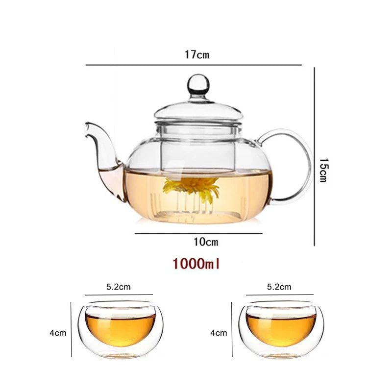 1000ml hitzebeständige Glas-Teekanne, Glas-Teekanne mit Infuser Teeblatt Kräuterkaffeekanne Teeset Praktische Flasche Blumentasse