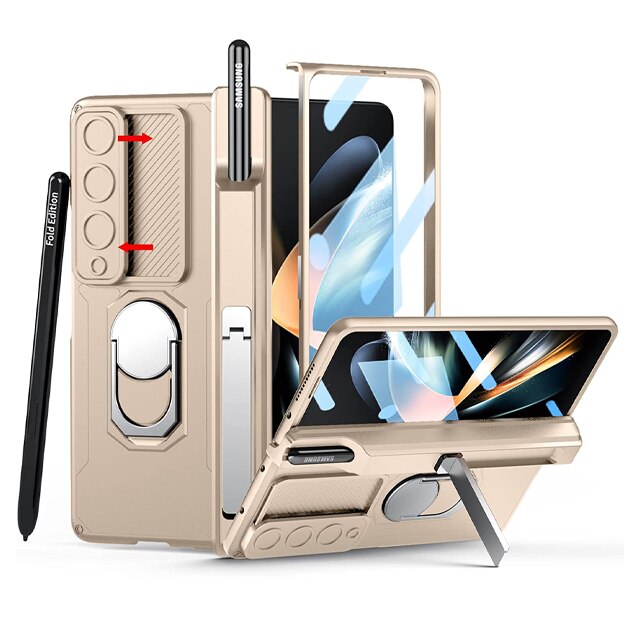 Frendorf | Luxus-Hülle mit S Pen Halterung und Scharnier-Bildschirm-Schutzring-Ständer-Hülle für Samsung Galaxy Z Fold 5 Z Fold 4