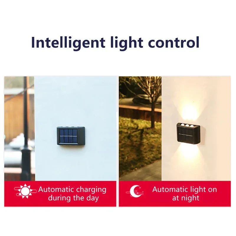 Frendorf | LED Solar Wandleuchte – Wasserdichte Außenbeleuchtung für Garten, Innenhof, Gehweg und Straße – Moderne dekorative Wandleuchte mit oben und unten leuchtendem Effekt – IP65, solarbetrieben, 1-12 Stück