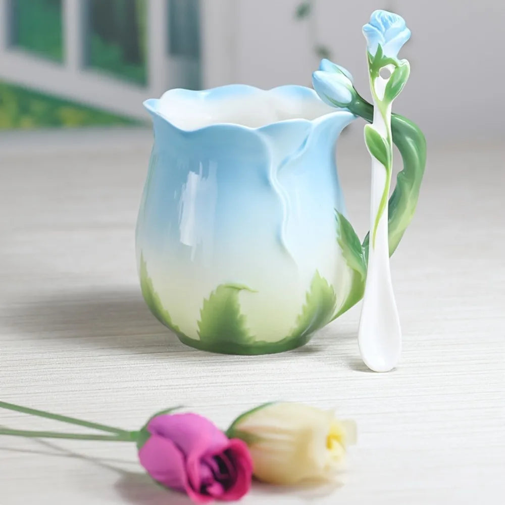 3D Rose Blume Kaffeetasse Keramik Kaffeetassen Niedliche ästhetische Wasserbecher mit Löffel Sommer Winter Trinkgeschirr Valentinstag Geschenke