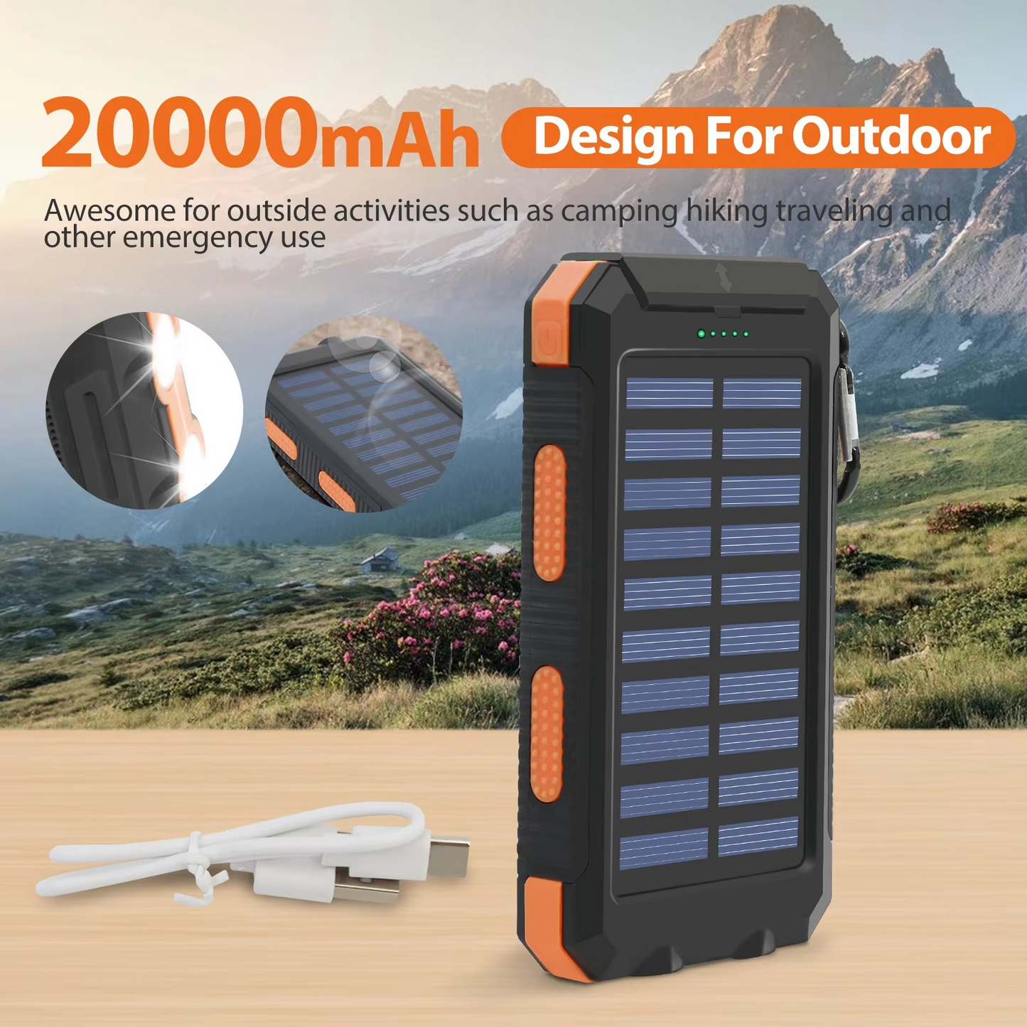 Frendorf | 20000mAh tragbare Solar-Powerbank mit Dual-USB und LED-Taschenlampe